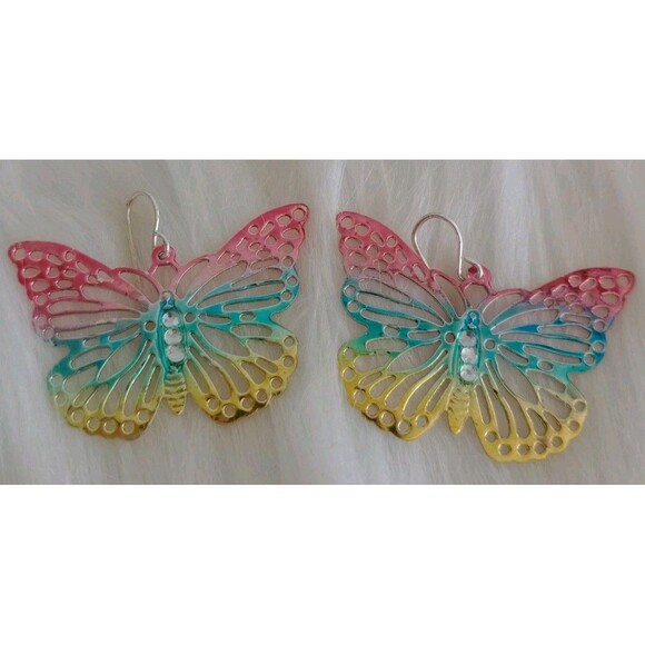 George Multi-Color Dangle Butterfly Earrings Boho Filigree Rhinestone NWT - Picture 2 of 3